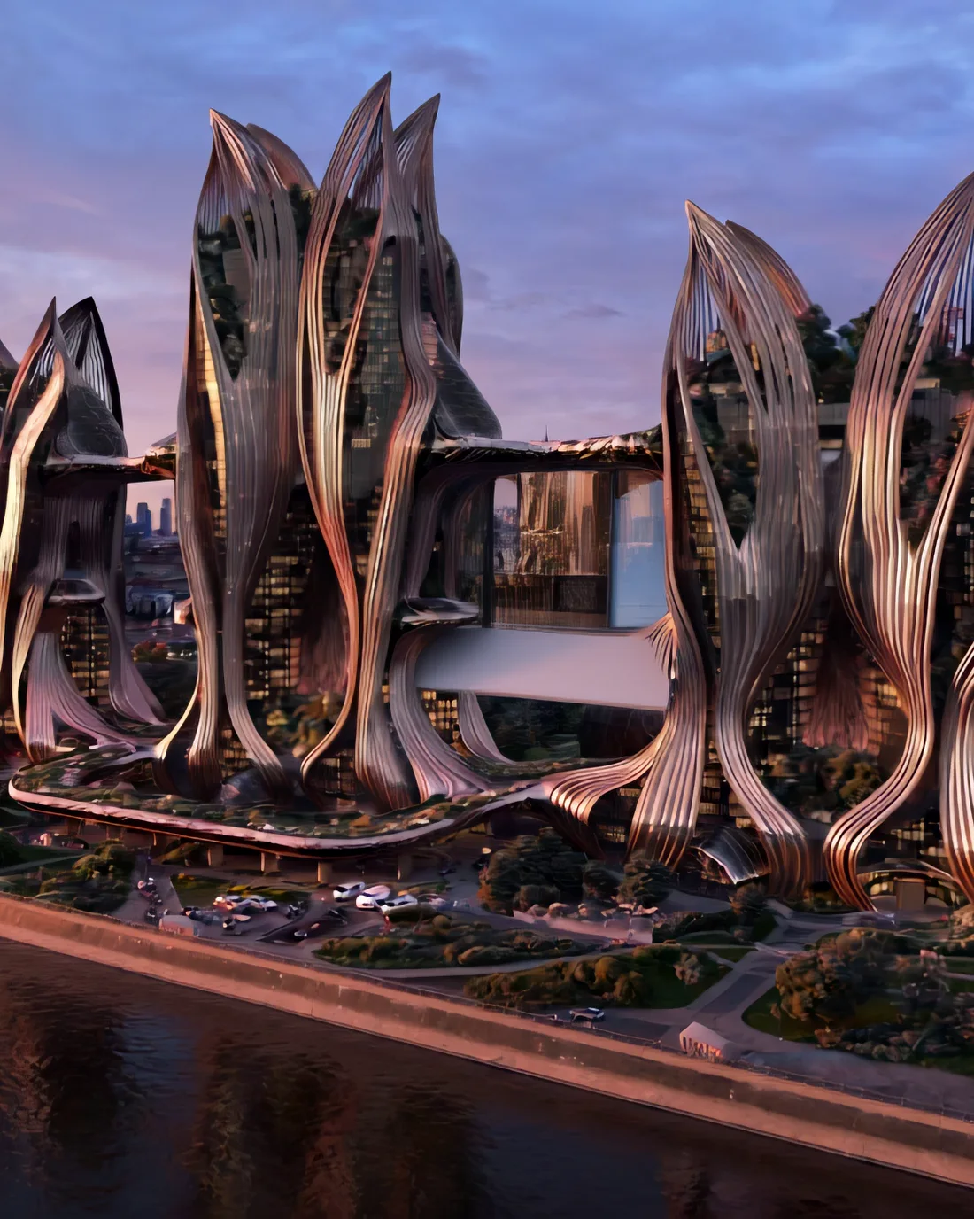 The towers of Copper Garden on the riverbank