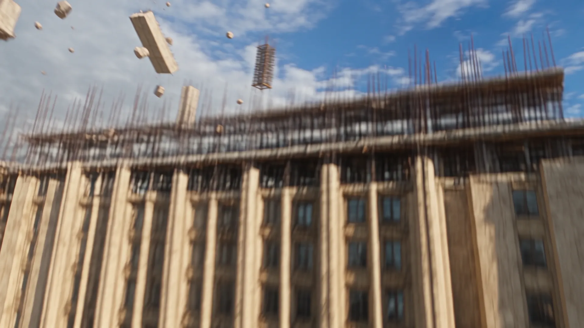 Limestone pilasters rising along the facade during construction