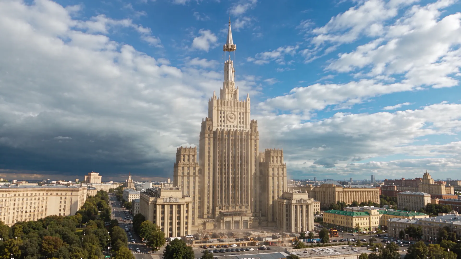 The finished tower with its spire above the city under a summer sky