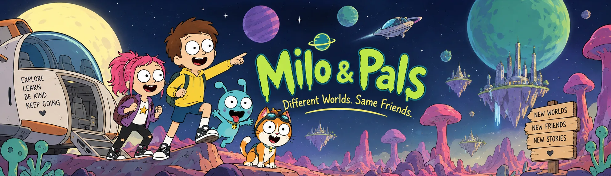 Milo, Zoe, Bibo and Nova on an alien planet next to The Explorer, with the title Milo & Pals